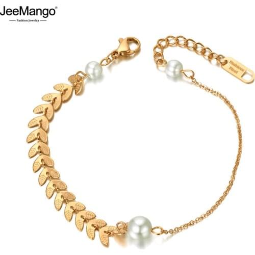 JeeMango New Bohemia Titanium Stainless Steel White Pearl Choker Bracelets For Women Girls Chic Leaflet Charm Bracelet JB20062