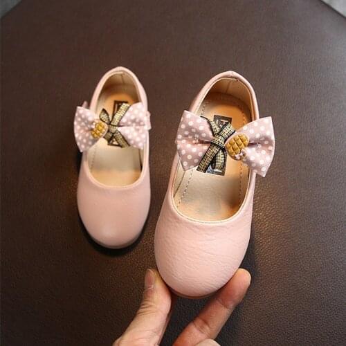 Girls PU Leather Shoes Children Cute Bow Princess Shoes Toddler Dance Performance Shoes Flat Kids Shoes For 1-6 Ages Pink White