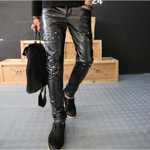 219 autumn slim personality fashion men leather pants casual pant men feet trousers pantalones hombre motorcycle plus velvet