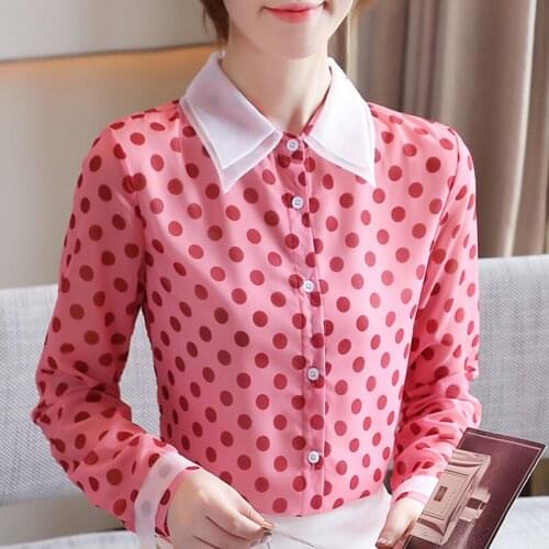 Autumn Long Sleeve Blouse Women Blusas Mujer De Moda 2021 Turn Down Collar Dot Chiffon Blouse Shirt Women Blouses Blusa D636