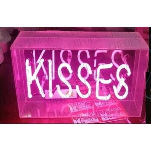 Kisses Acrylic Box Gift Neon Signs Real Glass Tube Beer Bar Pub Bedroom Wall Homeroom Girlsroom Party Decor Lamp 14"x5"