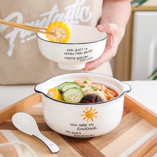 One Person Tableware Ceramic Noodle Bowl Ramen Salad Binaural Soup Instant Noodle Set Home Breakfast Lid Kitchen Accessories
