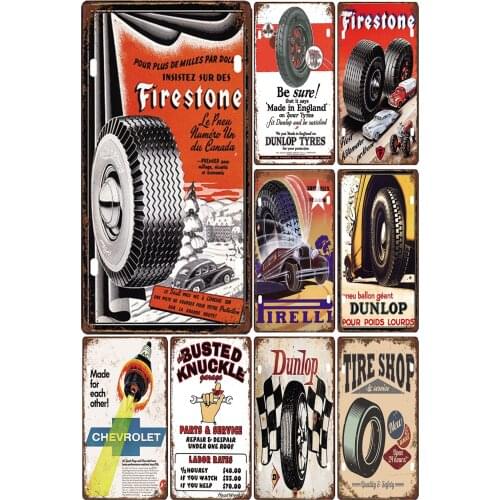 Shabby Chic Vintage Style License Plate of Firestone Dunlop Tires Quality Safety Garage Bar Decoration Personalized Metal Poster