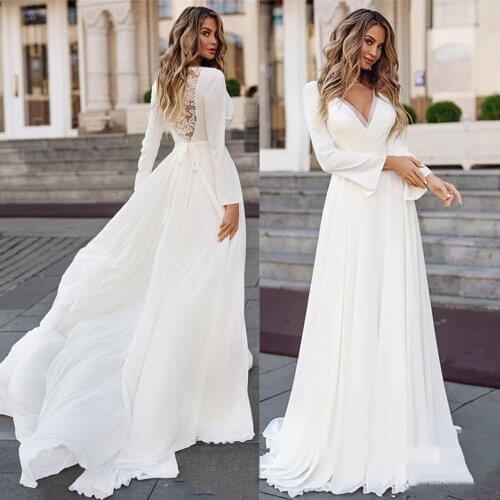 White Simple Wedding Dress Long Sleeve 2020 Boho Bridal Gown V-Neck Long Bride Dresses Plus Size Vintage Bohemian Appliqued Back