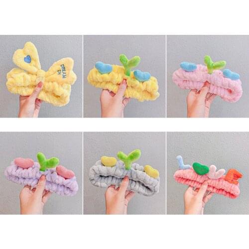 High Quality Lovely Heart Shape Letter Buds Leaf Large Bow-knot Hairbands Girls Soft Coral Fleece Wash Face Elastics Headband