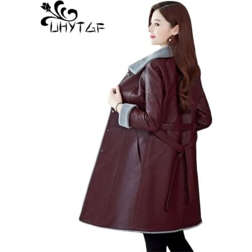 UHYTGF 6XL plus size leather jacket women quality PU washed leather Autumn winter leather coat lambswool warm coats Genuine 1333