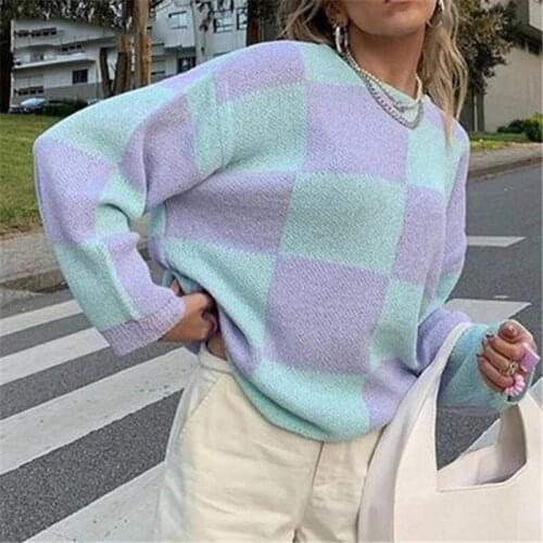 Splice aesthetic lattice harajuku knit y2k Blouse O neck winter street long sleeve Sweater oversize vintage tops Womens sweater