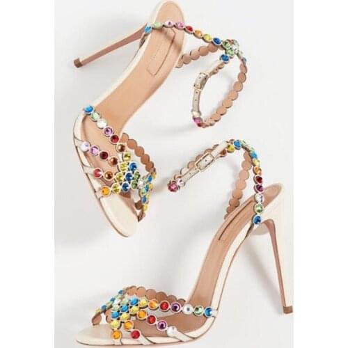 Small Size 33 Woman Nude Sliver Black Red Rivets Rhinestone Thin Heels Sandals Female Open Toe Crystal French Wedding Shoes