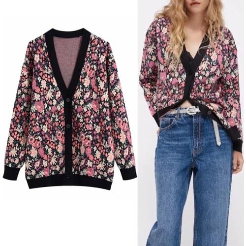 TRAF Za 2021 Knitted Cardigan Women Winter Jacquard Floral Cardigans Woman Autumn Fashion Long Sleeve Button-Down Cardigan