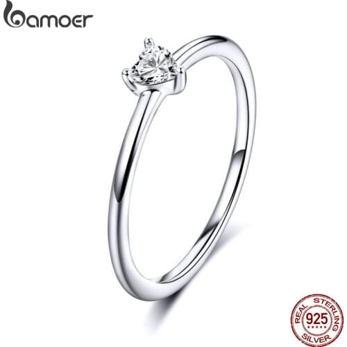 Bamoer 925 Sterling Silver Heart Shape Simple Finger Rings for Women Cube CZ Fashion Engagement Wedding Statement Jewelry GXR498