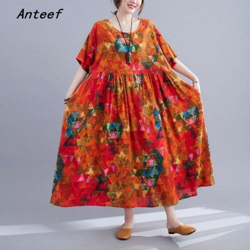 Short sleeve cotton vintage floral dresses for women casual loose long woman summer dress elegant clothes 2021