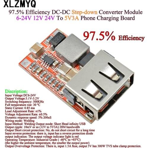 10 pcs Efficiency 97.5% DC-DC 6-24V 12V/24V to 5V 3A CAR USB Charger Module Buck step down Converter 12v 5v power supply module