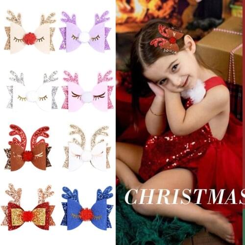 8pcs/lot Christmas Antlers Hair Clips Glitter Children Hair Bows Pom Ball Decor Hairpin Party Headdress Xmas Accessories Gifts