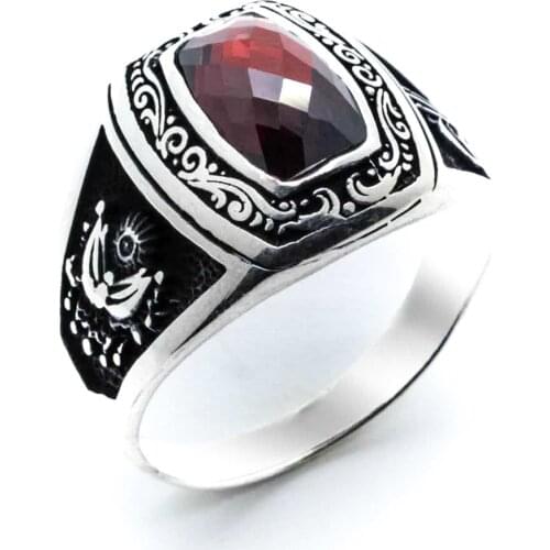 925 sterling Silver Red Zircon Stone State Crested Ring
