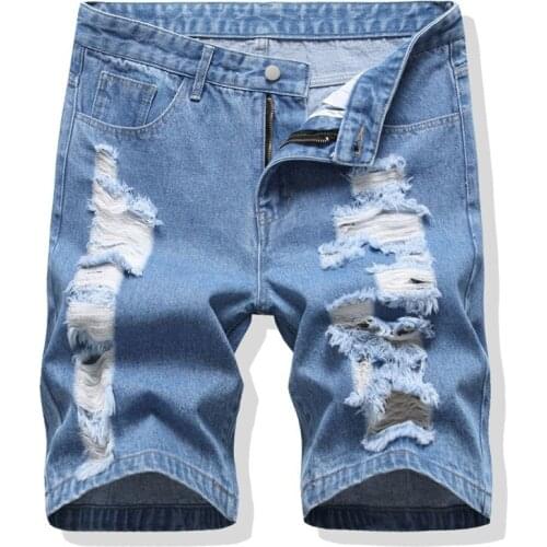 Summer Mens Jeans Shorts Korean Fashion Hole Denim Short Men Casual Ripped Jeans Knee Length Straight Blue Short Jeans Hombre