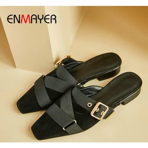 ENMAYER Outside Shoes Woman Solid Buckle Kid Suede Summer Square Heels 2020 Slippers Women Fashion Square Toe Womens Shoes