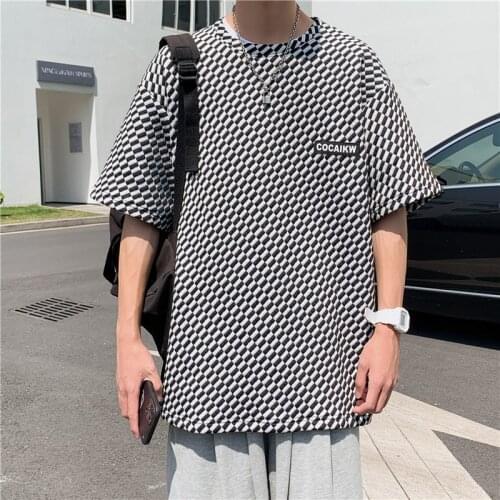 Black/white Grid Printed Short-sleeved T-shirt Male Summer 2021 New Fashion Brand Male Loose Bottoming Shirt Round Neck T-shirt