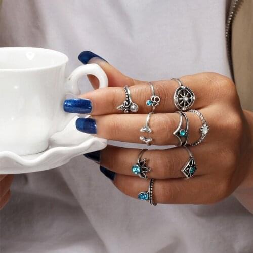 Hesiod Antique Gold/Silver 9pcs/Sets Boho Finger Ring Set Vintage Jewelry Blue Crystal Stone Midi Knuckle Ring Sets for Women