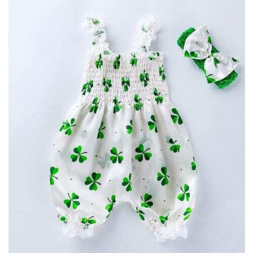 Cotton Romper For Girls Clover Printed Jumpsuit Flower Headbands Clothes Set Newborn Baby Girl Sleeveless Sling Bubble Romper