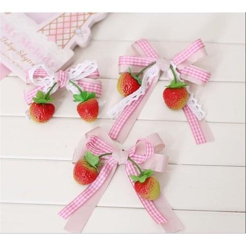 Mori Girl Classic Plaid Strawberry Bowknot Hair clip Lolita Womens Kawaii Hair Pin Headwear Side Clip D280