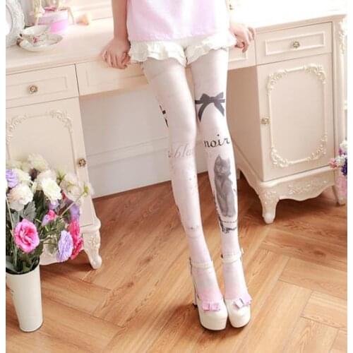 Ink Paint Cat Kawaii Womens Lolita Velet Tights Cute Harajuku Pantyhose Vintage Spring Thin Color Cream Pink