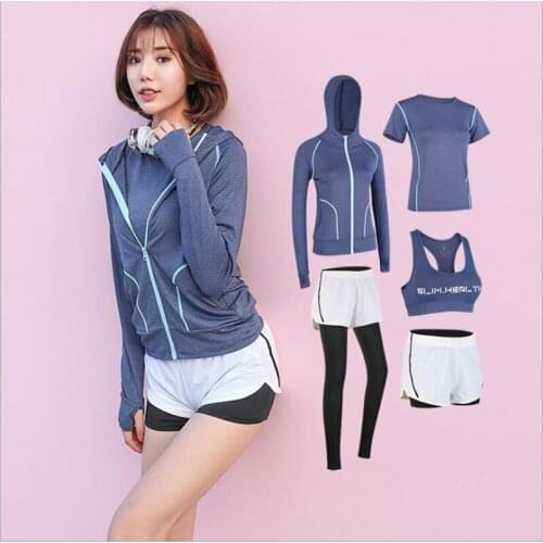 5 pieces yoga sets bra+t shirt+coat+shorts+pants sports wear for women gym clothing workout clothes fitness set jogging femme