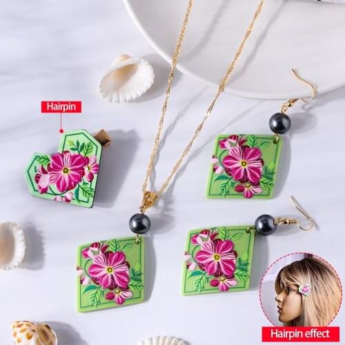 SophiaXuan Hawaiian 3 Pcs Jewelry Sets Fashion Marshall Flower Pendants Necklaces Earrings Hairpin Set for Women 2021 Summer