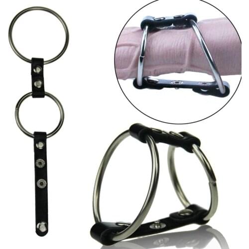 Leather Belt Fasten Stainless Steel Cock Ring Delay Ejaculation Double Penis Rings male sperm Locking Sex Toys Products For Men