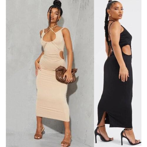 Europe and the United States 2021 summer milk silk black dress night club sexy evening dress hollow slim cross suspender dress