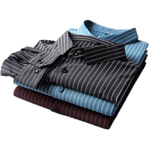 Mens Striped Shirts Long Sleeve Regular Fit Business Casual Shirts Mens Quality without Front Pocket New Office Man Clothing