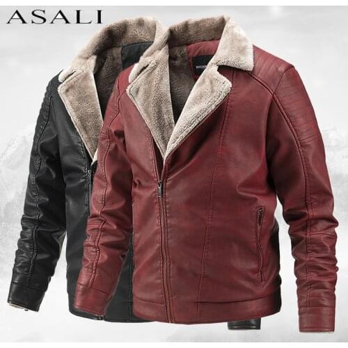 Fur Collar Winter Mens PU Jackets Causal Fleece Warm Biker Leather Coats Male 2021 Faux Leather Motorcycle Jackets Clothing