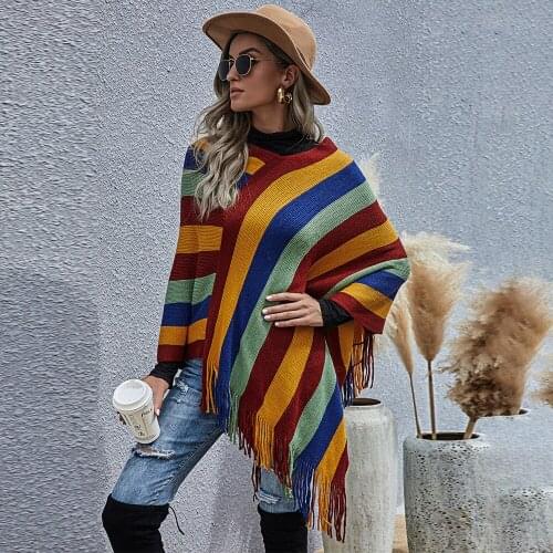 Urifens Rainbow Color Cloak V-neck Bohemian Batwing Sleeve Sweater Women Tassel Warm Oversized Cape 2021 Striped Jumper BW25U