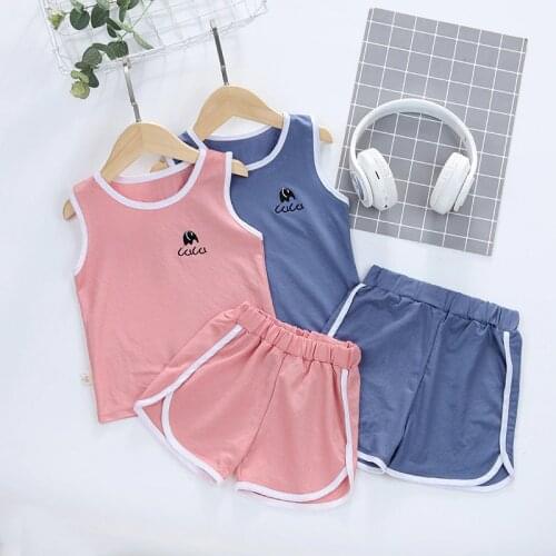 2020 new hot sale Childrens clothes set quality Tencel cotton kids clothes set summer Sleeveless girls clothing baby boy suit