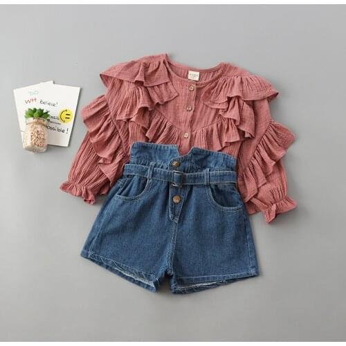 20202 Spring New Model Suit Girls Solid Color Shirt + Jeans Childrens Clothing kids clothes