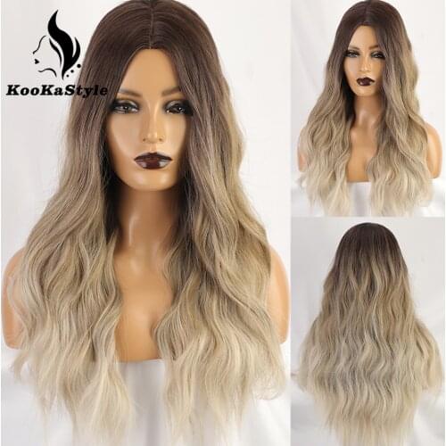KooKaStyle Synthetic Wigs Long Water Wave Wigs for Black Women Natural Brizilan Heat Resistant Party Hair Ombre Blonde/Red Wigs