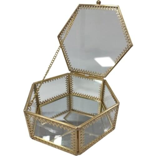 Jewelry Box with Open Lid Gold Brass Vintage Glass Jewelry Box Lace Edged- Hexagon Geometric Jewelry Display Organizer