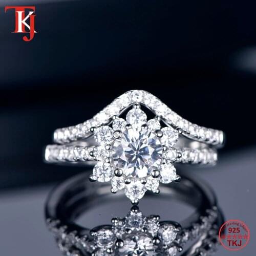 TKJ 2021 New in Luxury Rings Flower Shape V Ring Set 2PCS Silver 925 Jewellery Wedding Cubic Zircon Engagement