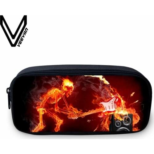 VEEVANV Boys Fire Skull Pencil Case Fashion 3D Printing Wallets Small Coin Purse Student Cool Skull Pen Ponch Girls Toiletry Bag