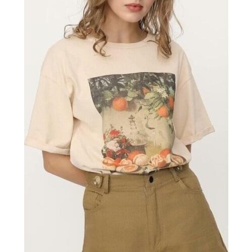 JBH-Begie Fruit Orange Vintage T Shirt Women Tops Summer Fashion Khaki Women T-shirts Fruit Orange Printed Tee Tops Autumn Tees