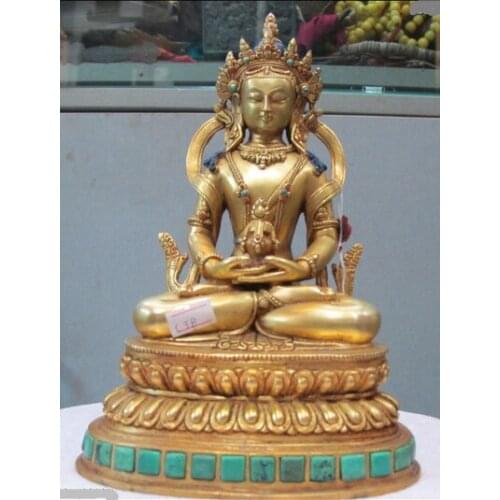 Xd 001377 Nepal Folk 100% Bronze 24K Gold inlay Turquoise Amitayus Kwan-yin Buddha Statue