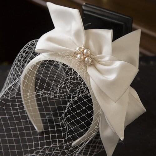 PEORCHID Korea Style Pearls Hair Band Surface Mesh Satin Bow Vintage Headdress Woman Headband Hair Accesoires Wedding Headpiece