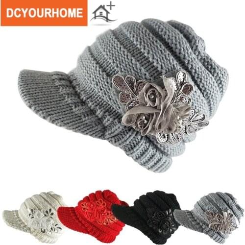 Fashion Winter Womens Cable Knit Visor Hat With Flower Accent