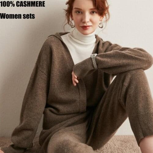 100 Pure Cashmere suits women autumn and winter new pure cashmere suit two-piece suit knitted V-neck wide-leg pants