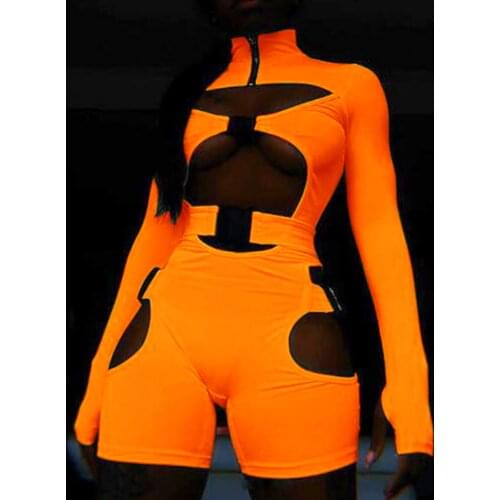 Neon green long sleeve hollow zipper bag buckle playsuit shorts jumpsuit combinaison short femme neon womens rompers jumpsuit