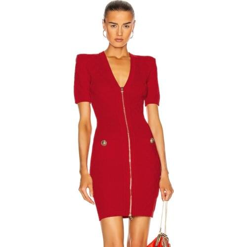Women Summer Sexy Short Sleeve Deep V Neck Red Zipper Bodycon Bandage Mini Dress 2021 Elegant Evening Party Dress Vestidos