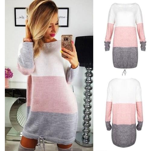 Women Dress Oversized Ladies Long Sleeve Knit Cardigan Jumper Loose Casual Round Neck Mini Color Block Patchwork Clothing