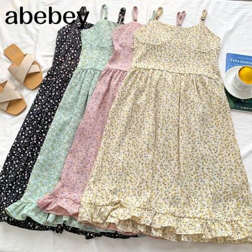 2021 New Summer Women Sweet All-match sleeveless sling Dress high waist slim print Ruffles Dress