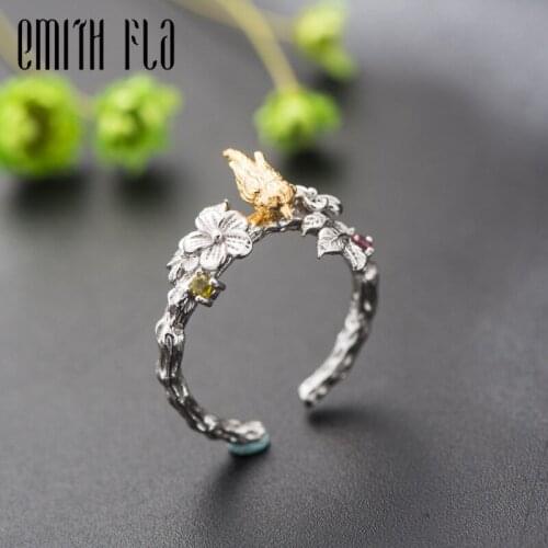 Genuine 100% 925 Sterling Silver Chinese Style Cloisonne Birds Rings Female Vintage Open Rings Fashion Jewelry For Women