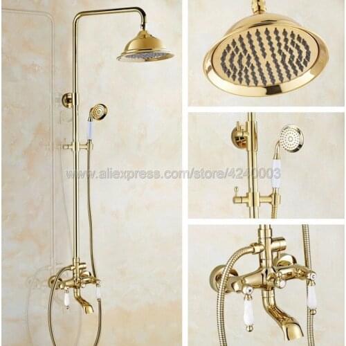 Gold Polished Brass 8 inch Shower Head Bathroom Shower Faucet Sets Double Handles Mixer Tap with Tub Spout Kgf373
