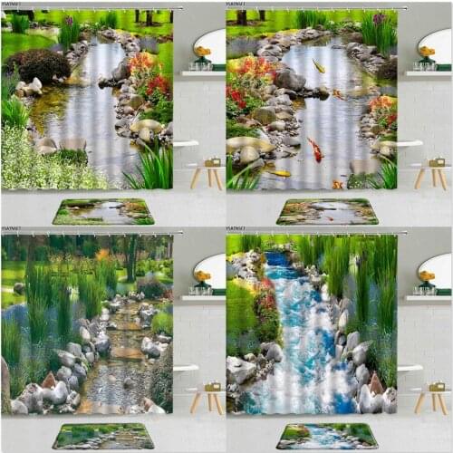 2Pcs Creek Stone Flower Landscape Shower Curtain 3D Lawn Plant Fish River Scenery Non-Slip Carpet Bath Mat Bathroom Curtains Set